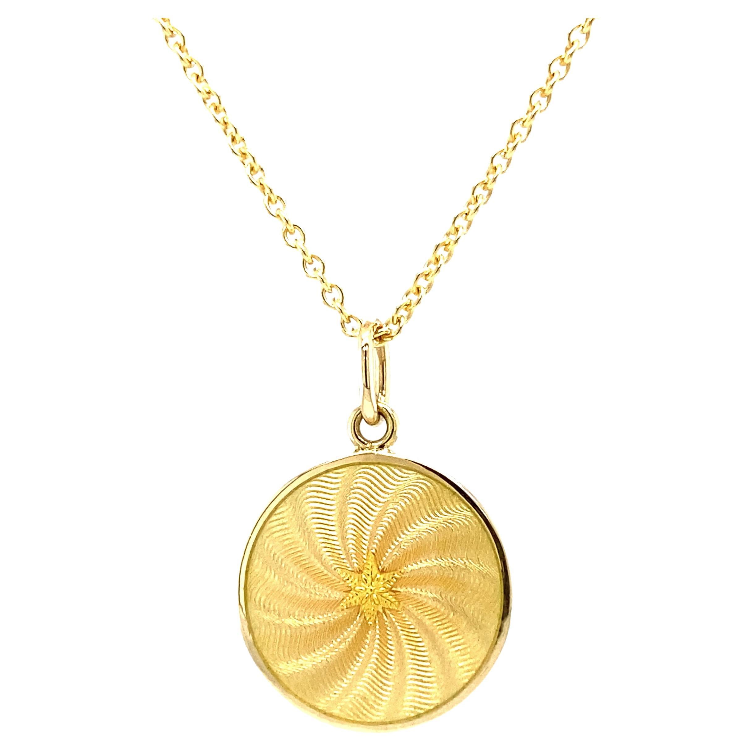 Round Disk Pendant Necklace 18k Yellow Gold Yellow Enamel Guilloche Paillons 