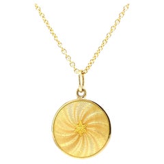Round Disk Pendant Necklace 18k Yellow Gold Yellow Enamel Guilloche Paillons 