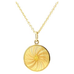 Round Disk Pendant Necklace 18k Yellow Gold Yellow Enamel Guilloche Paillons