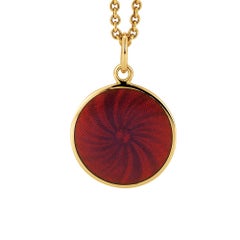 Round Diskos Pendant Necklace 18k Yellow Gold Raspberry Guilloche Enamel