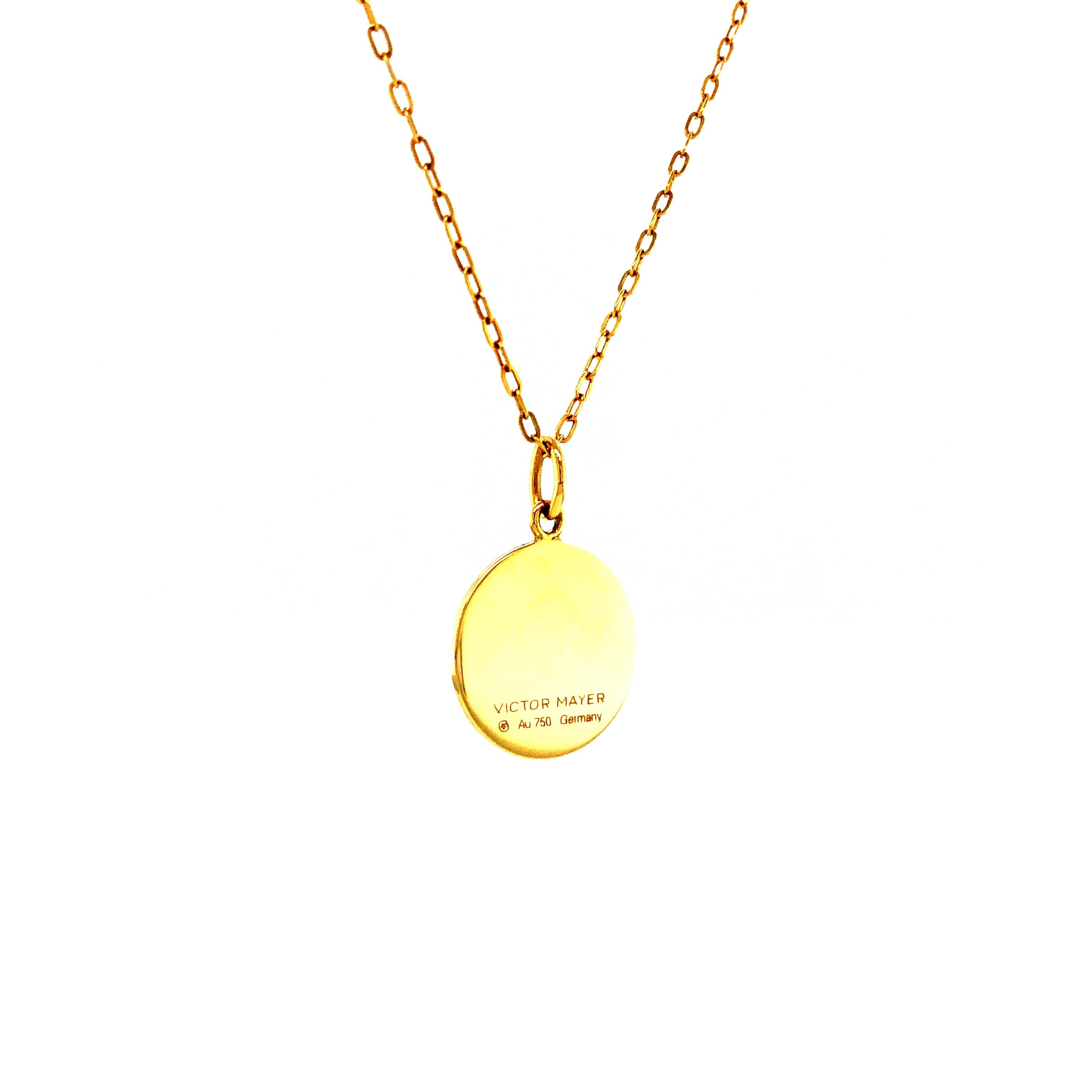 Collier pendentif disque rond en or jaune 18 carats émaillé guilloché framboise en vente 1
