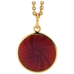 Round Diskos Pendant Necklace 18k Yellow Gold Raspberry Guilloche Enamel 