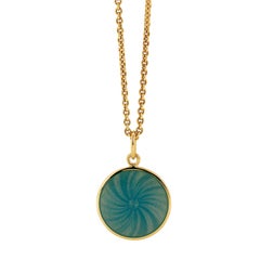 Round Diskos Pendant Necklace 18k Yellow Gold Turquoise Guilloche Enamel 15.0 mm