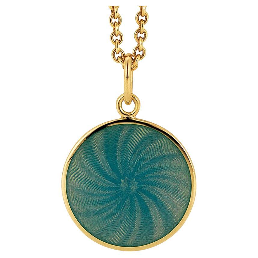 Round Diskos Pendant Necklace 18k Yellow Gold Turquoise Guilloche Enamel 15.0 mm For Sale