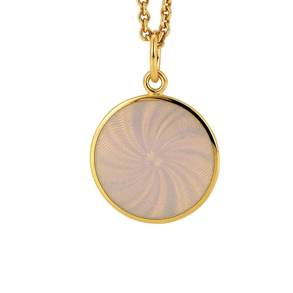 Collier pendentif disque rond en or jaune 18 carats  Émail blanc guilloché 15,0 mm Neuf - En vente à Pforzheim, DE