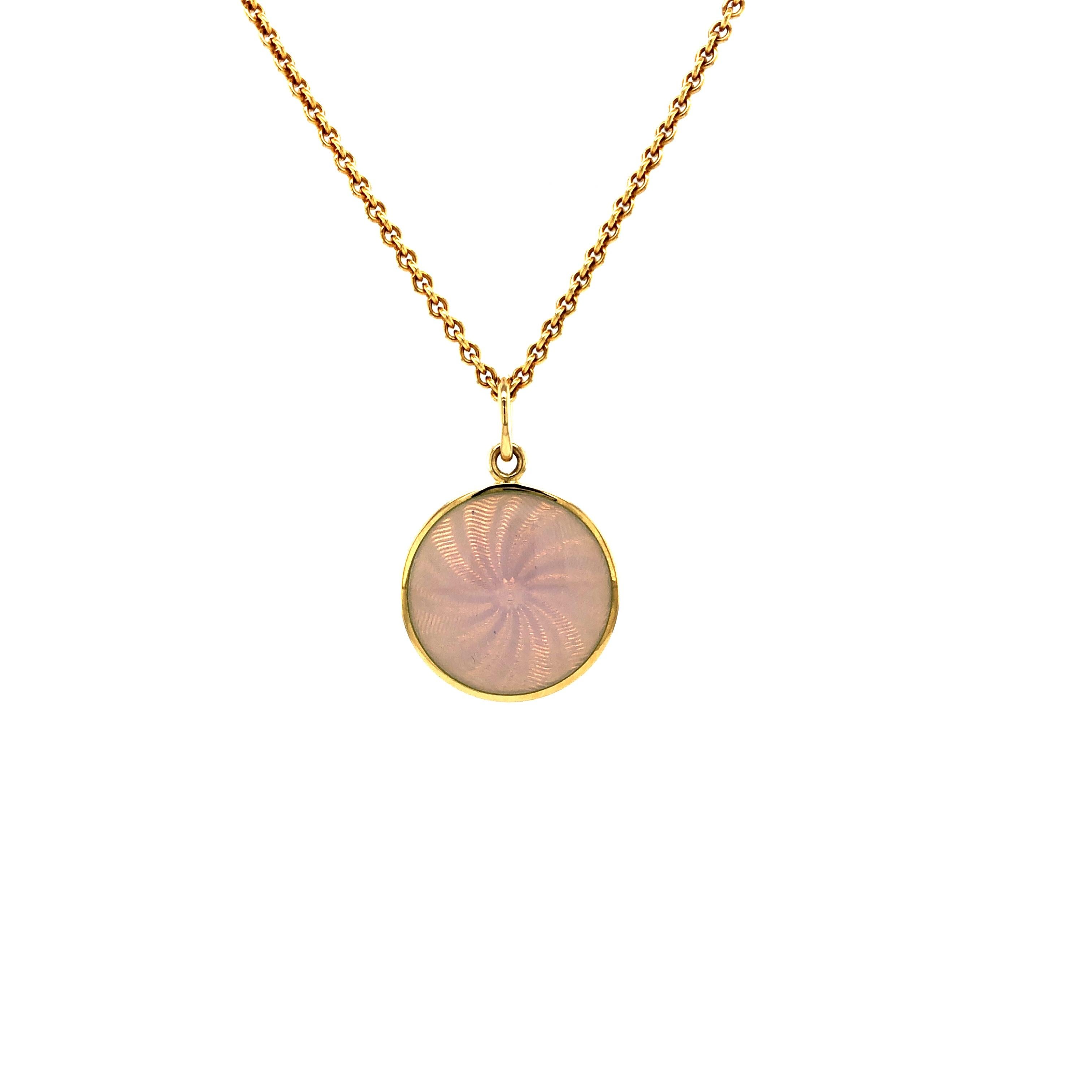 Women's Round Diskos Pendant Necklace 18k Yellow Gold  White Guilloche Enamel 15.0 mm For Sale
