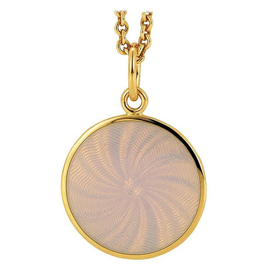 Runde Diskos-Halskette mit Anhänger aus 18 Karat Gelbgold  Weiße Guilloche-Emaille mit 15,0 mm