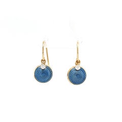 Round Drop Earrings 18k Yellow Gold Medium Blue Enamel 2 Diamonds 0.08 ct 10 mm