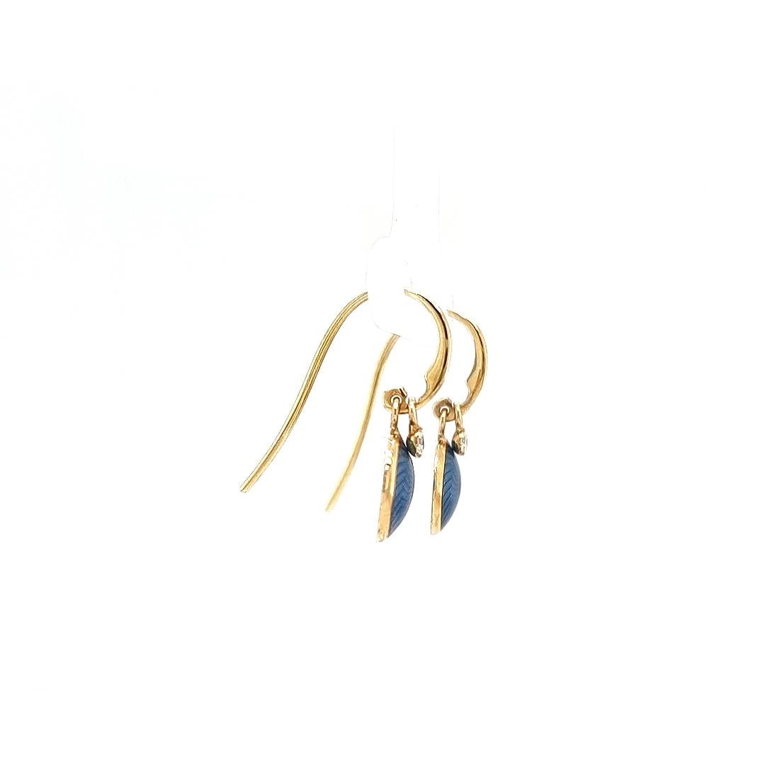 Brilliant Cut Round Drop Earrings 18k Yellow Gold Medium Blue Enamel 2 Diamonds 0.08 ct 10 mm For Sale