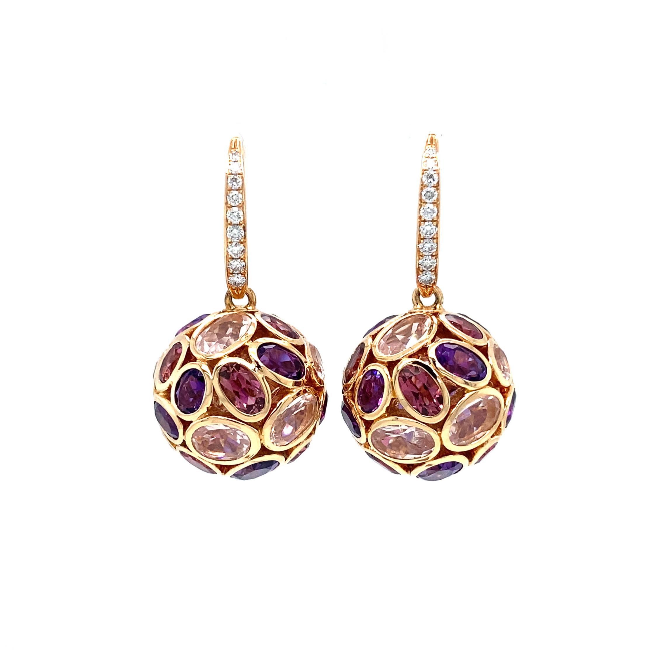 Victor Mayer round dangling sphere earrings 18k rose gold, Casino collection, diamonds, total 0.20ct, G VS, brilliant cut, pink tourmalines, amethysts, rose quartz, measurements app. 30 mm x 15.7 (Ø)

About the creator Victor Mayer
Victor Mayer is