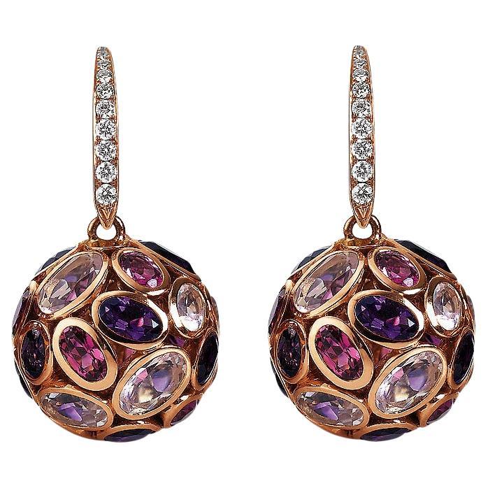 Boucles d'oreilles rondes en or rose 18 carats avec diamants, tourmaline de 0,20 carat, améthyste et quartz rose