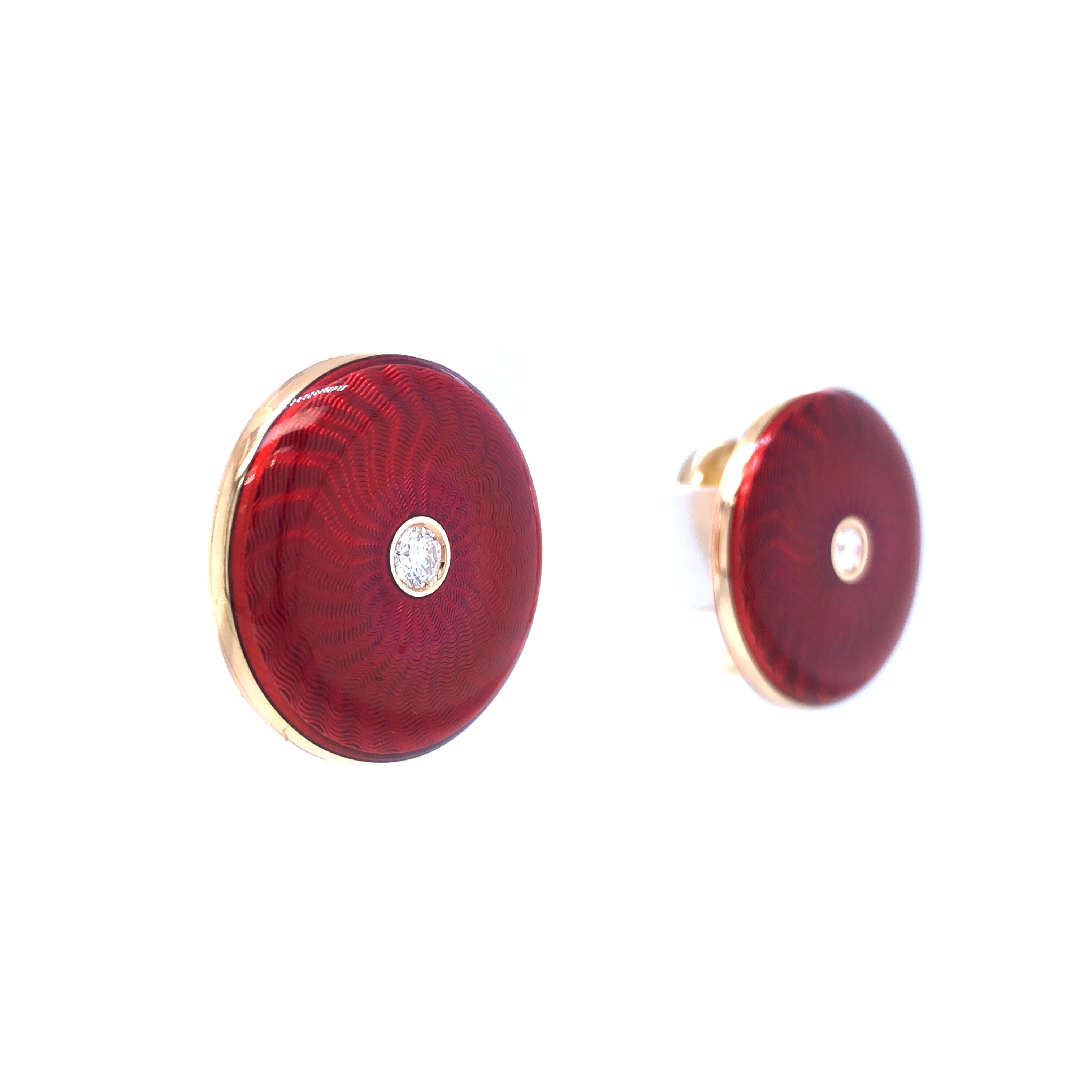 Victor Mayer round earrings 18k rose gold, Opera collection, translucent red vitreous enamel, guilloche engraving by hand,  2 diamonds, total 0,20 ct, G VS, brilliant cut, diameter app. 21.4 mm

About the creator Victor Mayer
Victor Mayer is