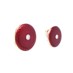 Round Earrings - 18k Rose Gold - Red Vitreous Guilloche Enamel 2 Diamonds 0.20ct