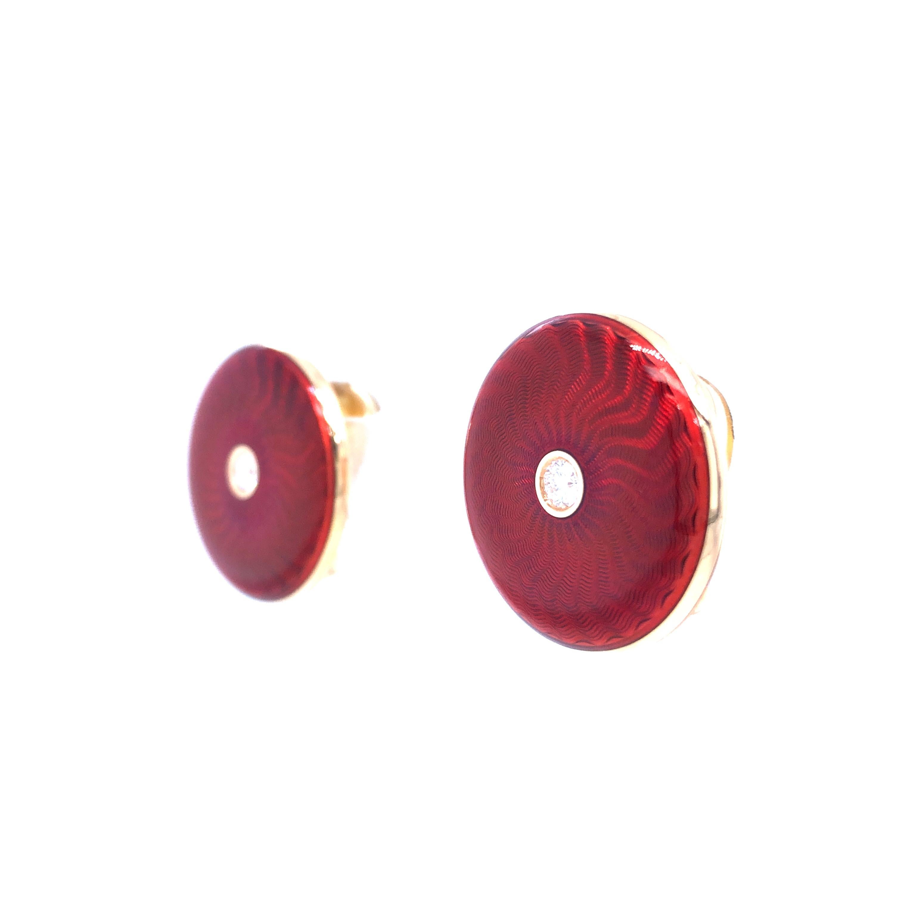 Round Earrings - 18k Rose Gold - Red Vitreous Guilloche Enamel 2 Diamonds 0.20ct For Sale 1