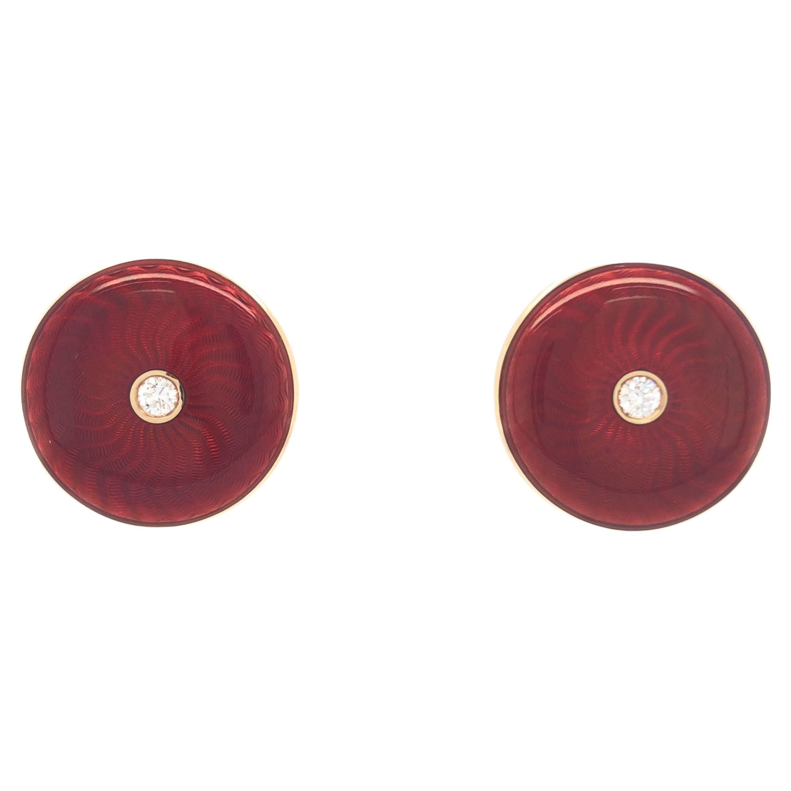 Round Earrings - 18k Rose Gold - Red Vitreous Guilloche Enamel 2 Diamonds 0.20ct For Sale 2