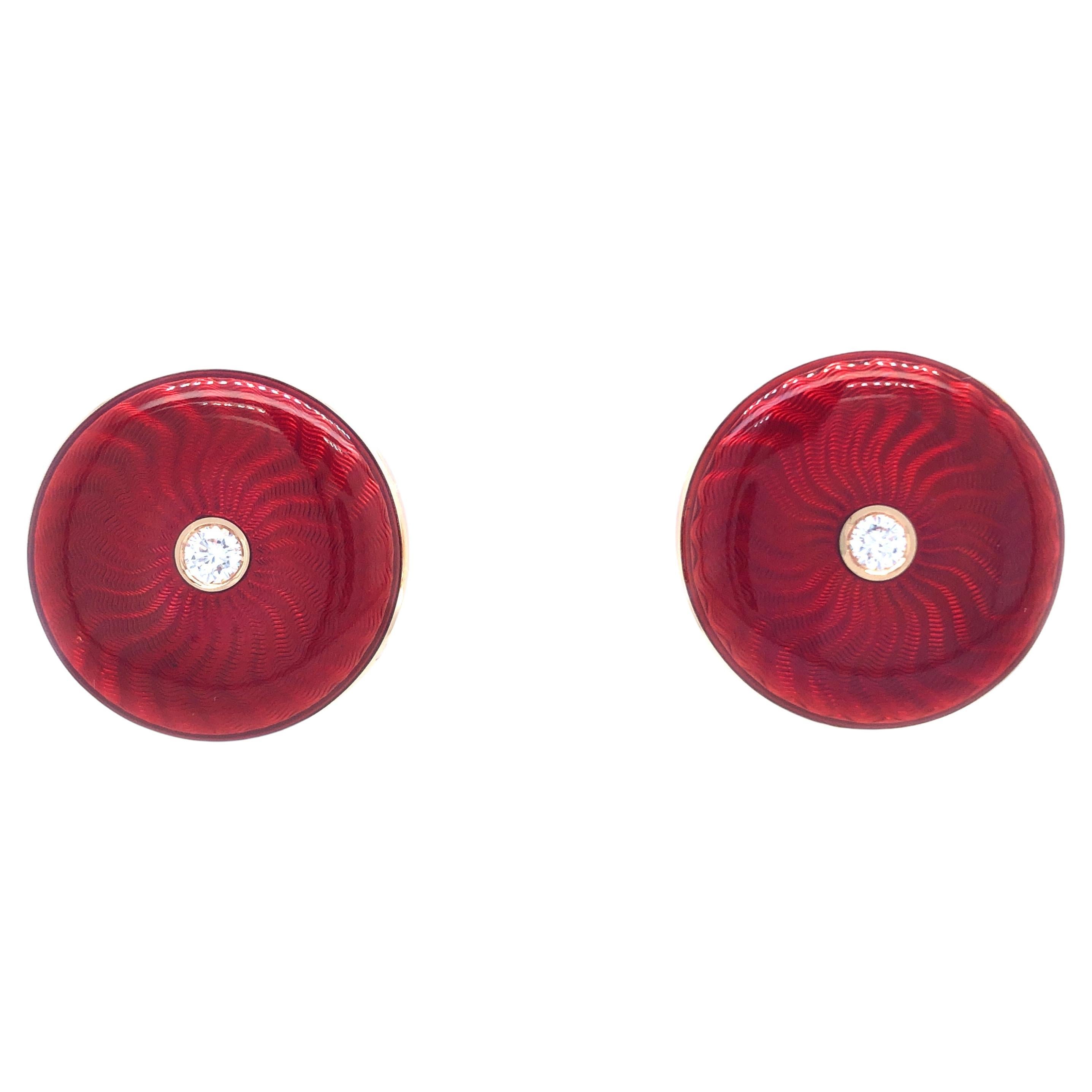 Round Earrings - 18k Rose Gold - Red Vitreous Guilloche Enamel 2 Diamonds 0.20ct For Sale