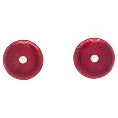 Round Earrings - 18k Rose Gold - Red Vitreous Guilloche Enamel 2 Diamonds 0.20ct