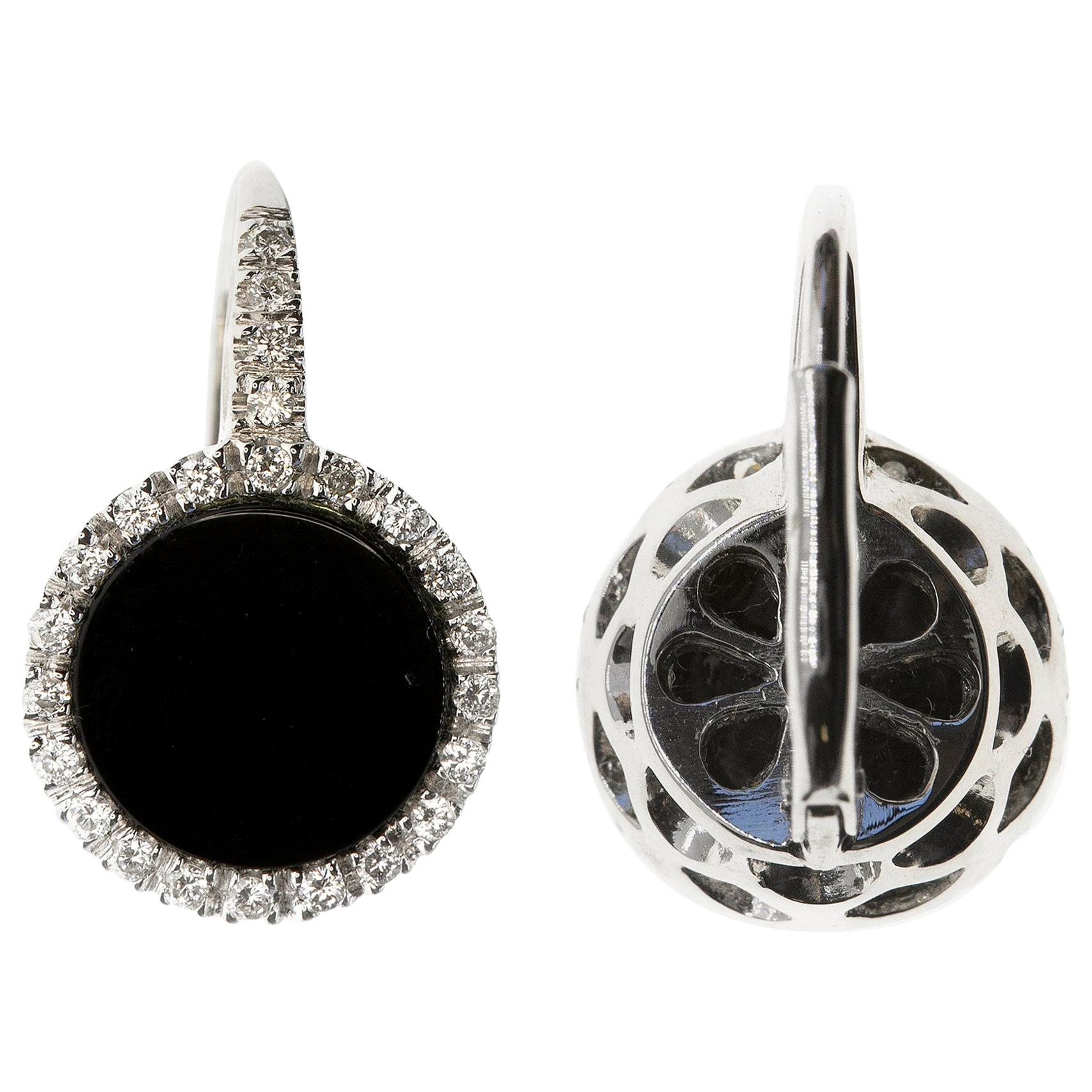 Clips d'oreilles contemporains à ressort rond en or 18 carats, onyx et diamants blancs