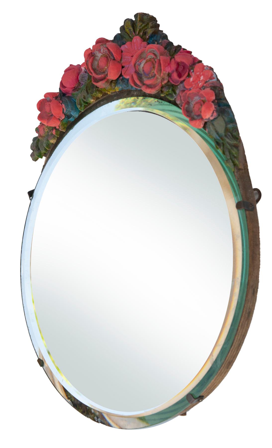 Early 20th century original Barbola easel table mirror with a stunning & colorful floral crown.
Narrow bevel & heavy hardwood backing.