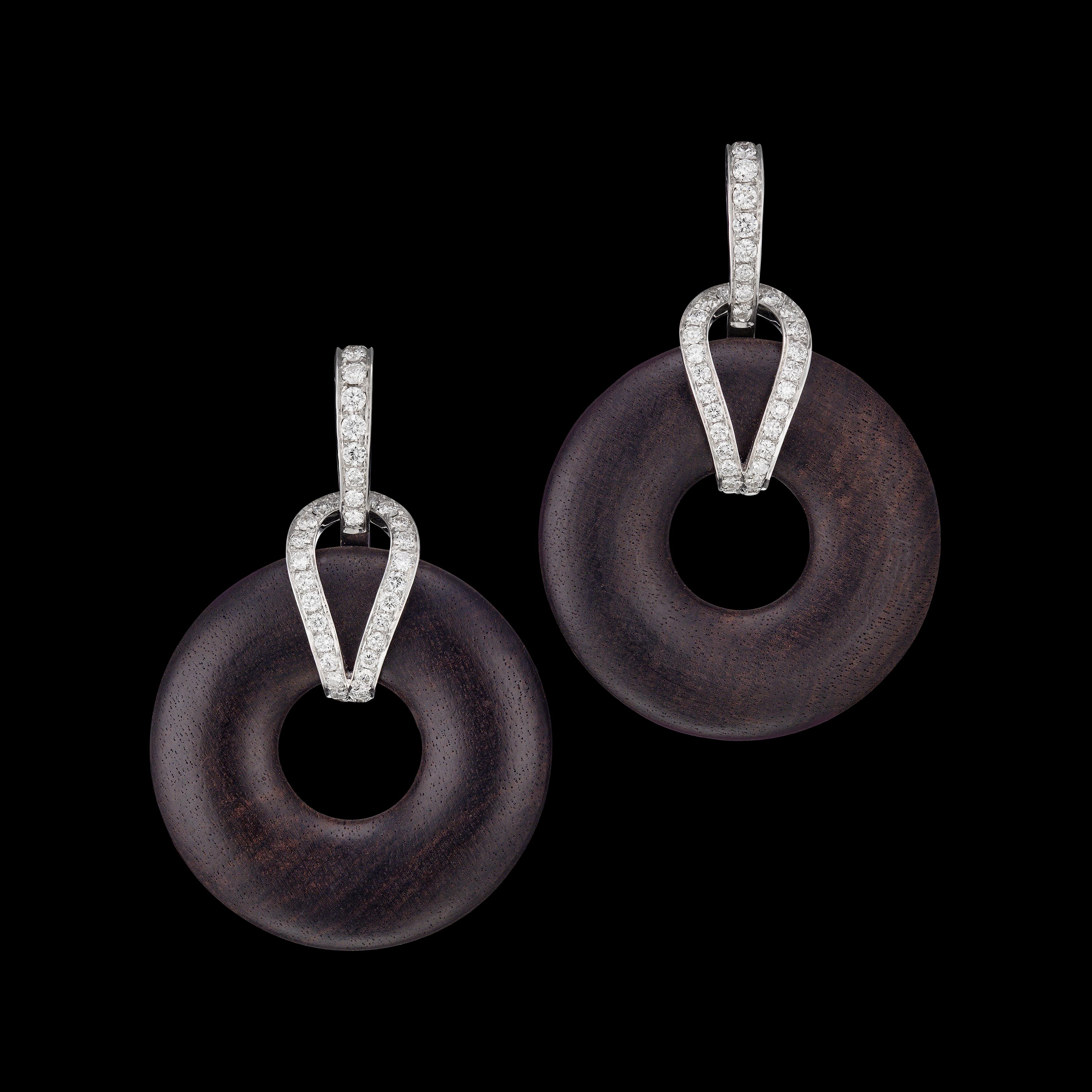 Round hoop black wood ebony and diamond dangle earrings w/ white 18k gold