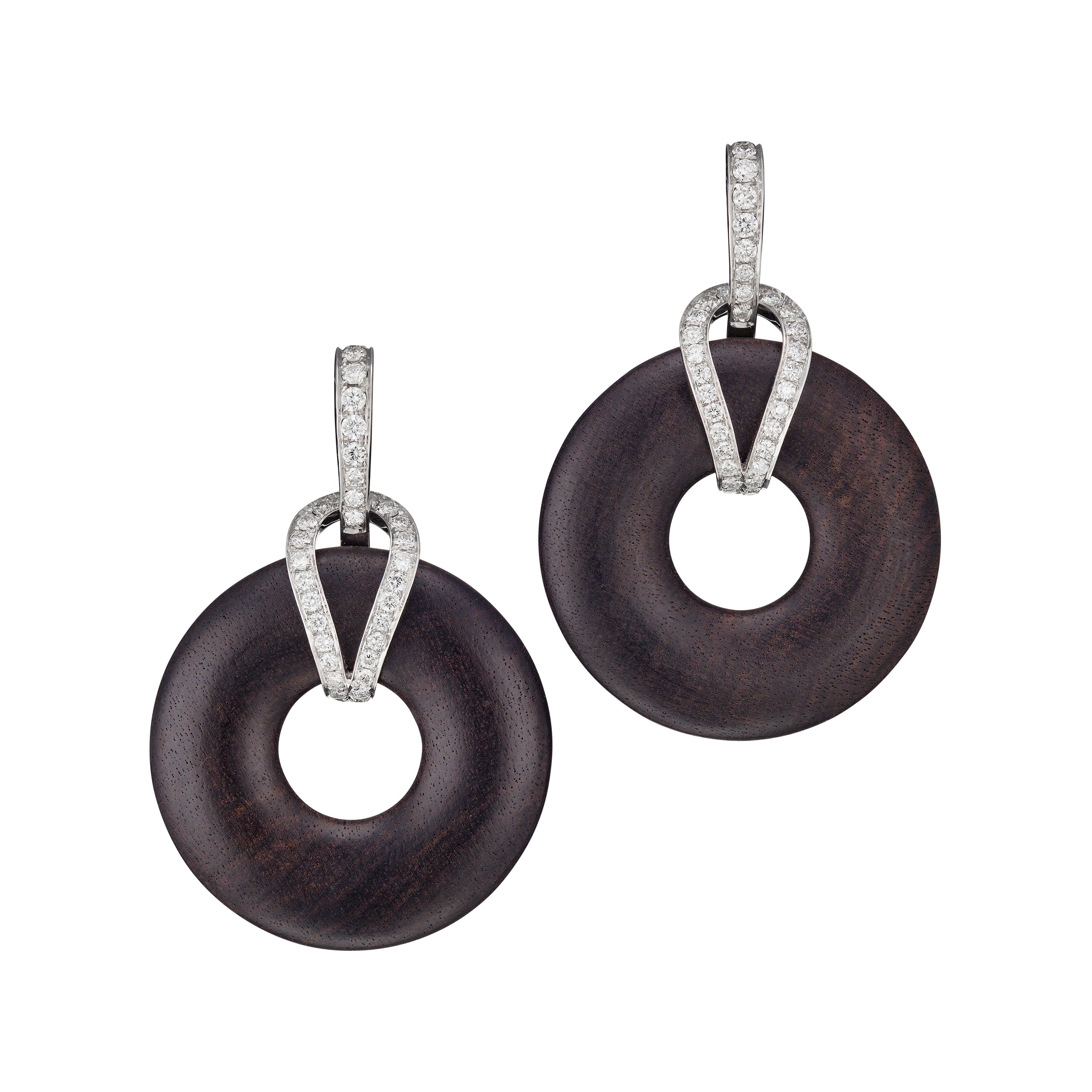 Round Ebony Diamond Earrings 18 Karat White Gold