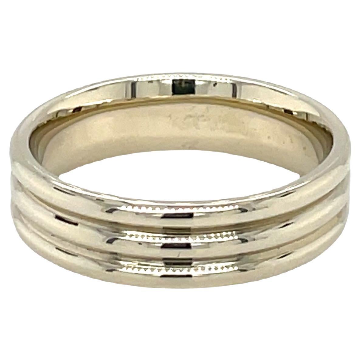 Round Edge Groove Men's Wedding Band in 18k White Gold For Sale