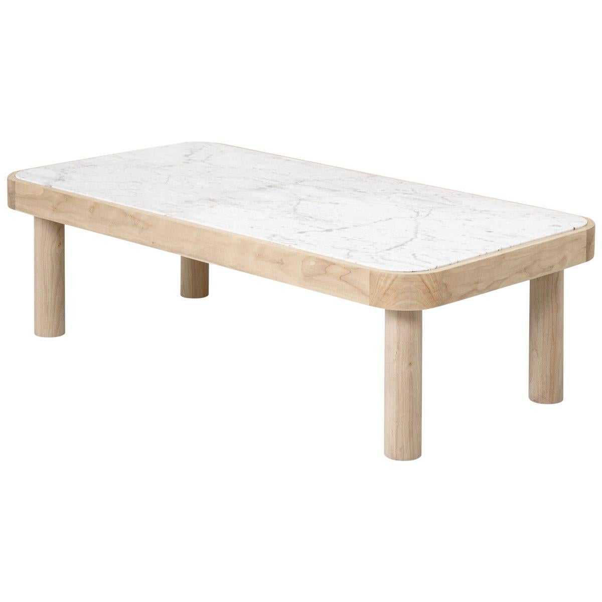 Round Edge Rectangular Bleached Walnut Coffee Table with White Carrara Inset Top