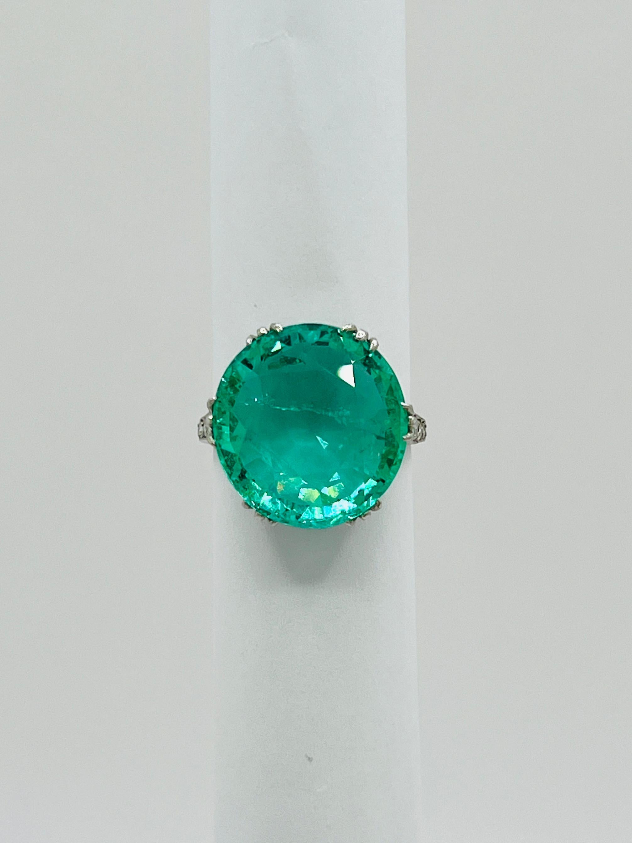 Round Emerald 11 Carat and White Diamond Ring in 18K White Gold