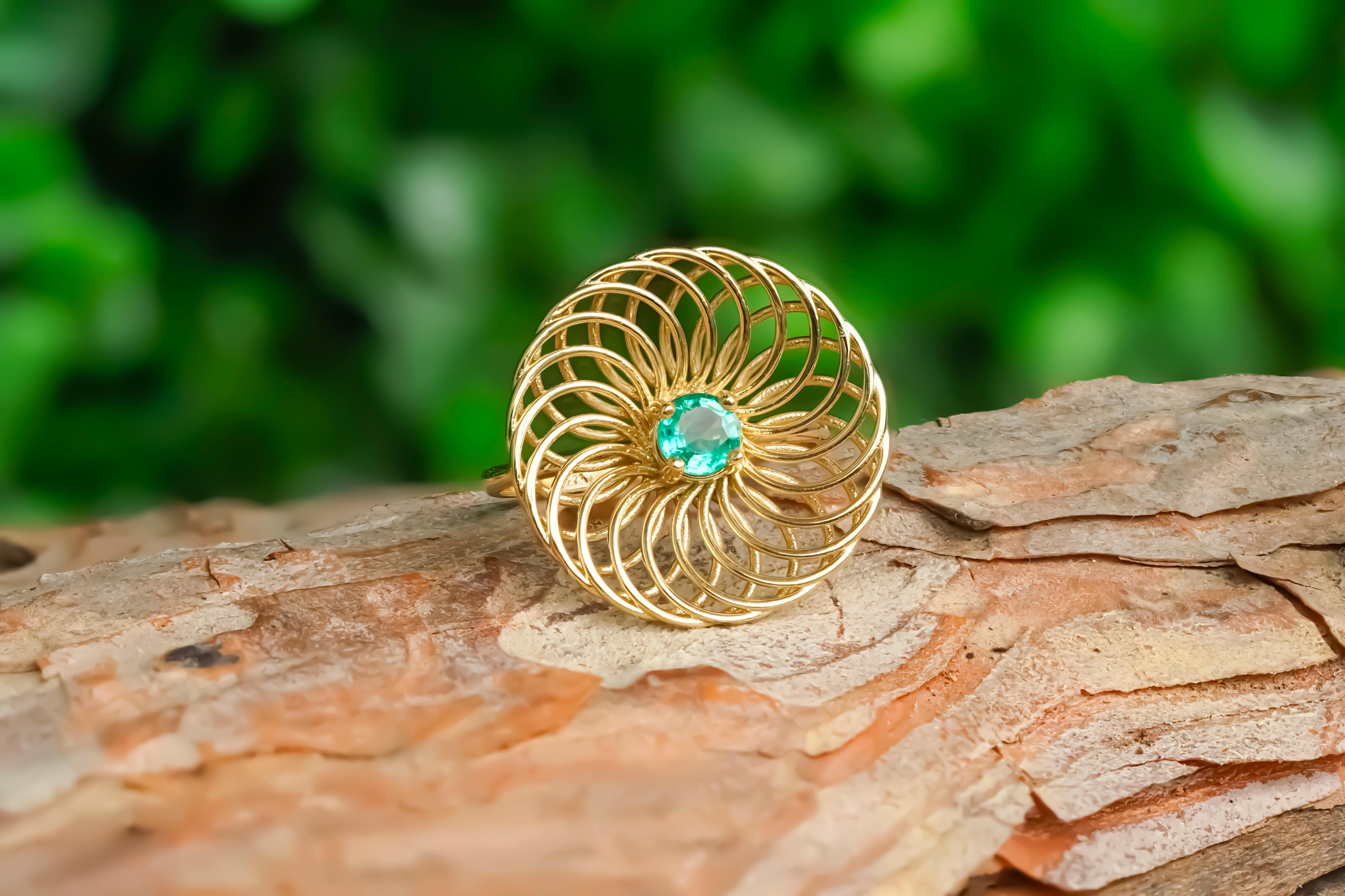 For Sale:  Round Emerald 14k Gold Ring. Emerald Engagement Ring 9