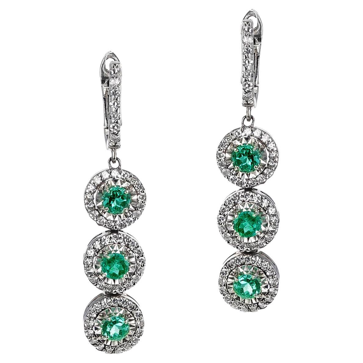 Round Emerald and 1.25 Ct. Diamond Dangling Earrings, 14K Gold For Sale