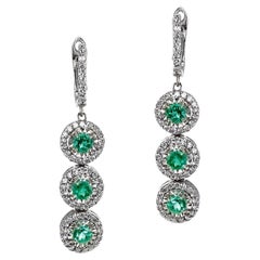 Vintage Round Emerald and 1.25 Ct. Diamond Dangling Earrings, 14K Gold