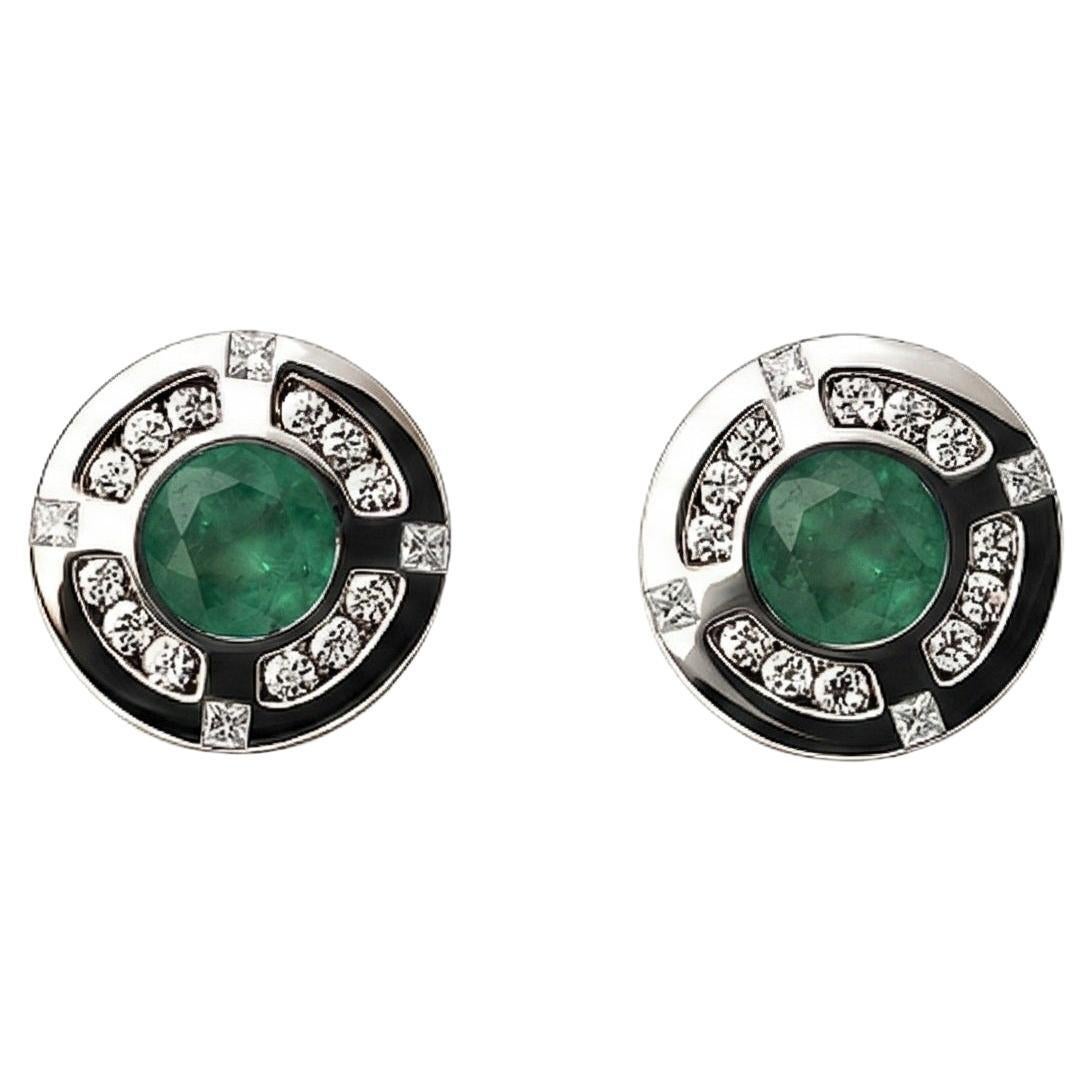 Boucles d
oreilles en or blanc avec émeraude ronde et diamant par Alexander Leyser en vente
