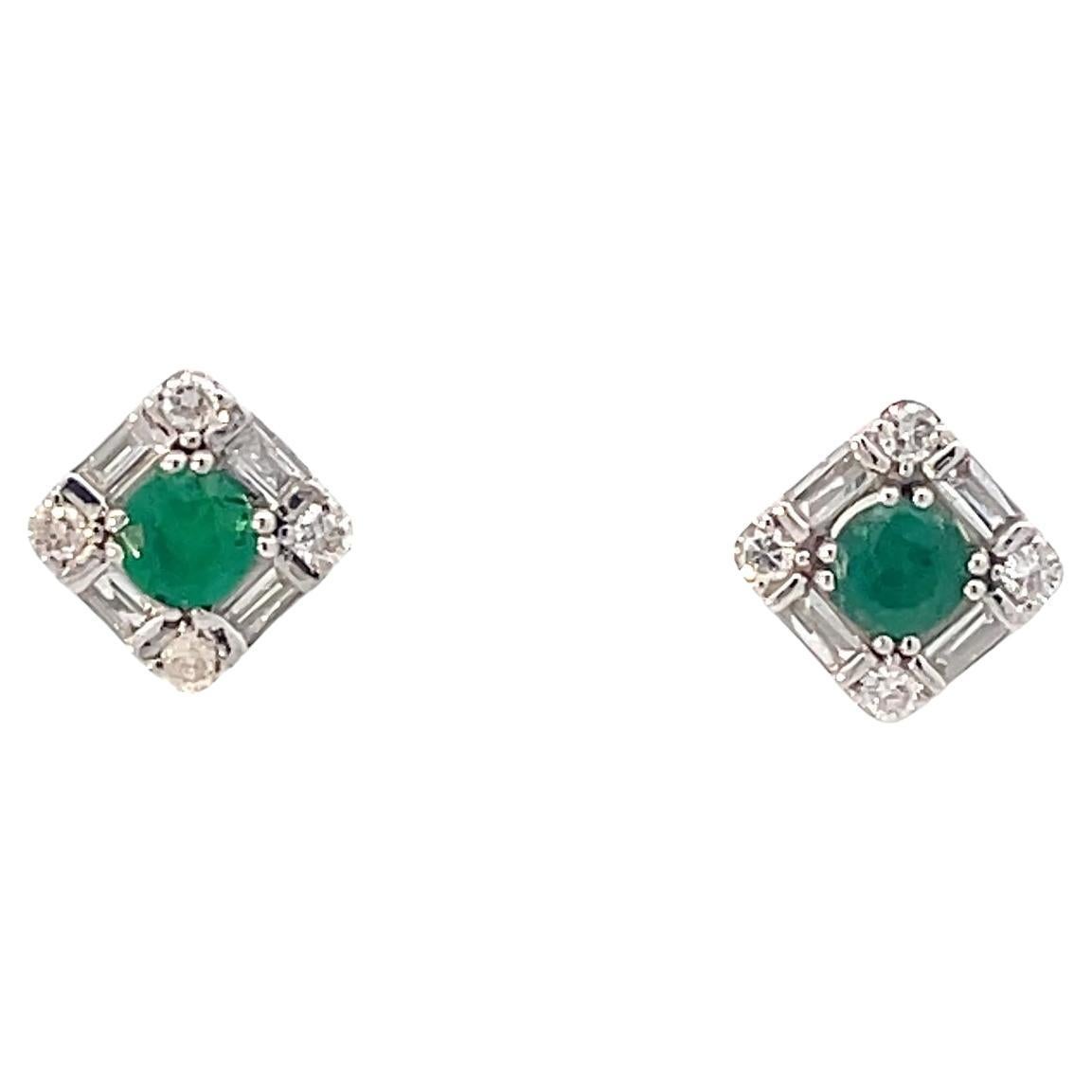 Round Emerald and Diamond Stud Earrings in 18K White Gold