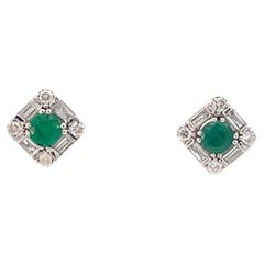 Round Emerald and Diamond Stud Earrings in 18K White Gold