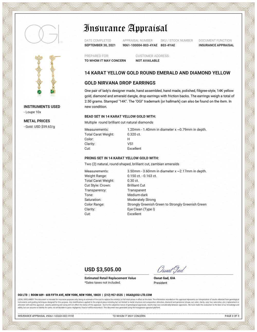 Fourteen karats yellow gold diamond and emerald Nirvana drop earrings 
Earrings are 1.20 inches long
Two round shape emerald weighing 0.30 carat
Diamond weighing 0.32 carat 
New Earrings
Handmade in the USA
One of a kind earrings 
Our design team