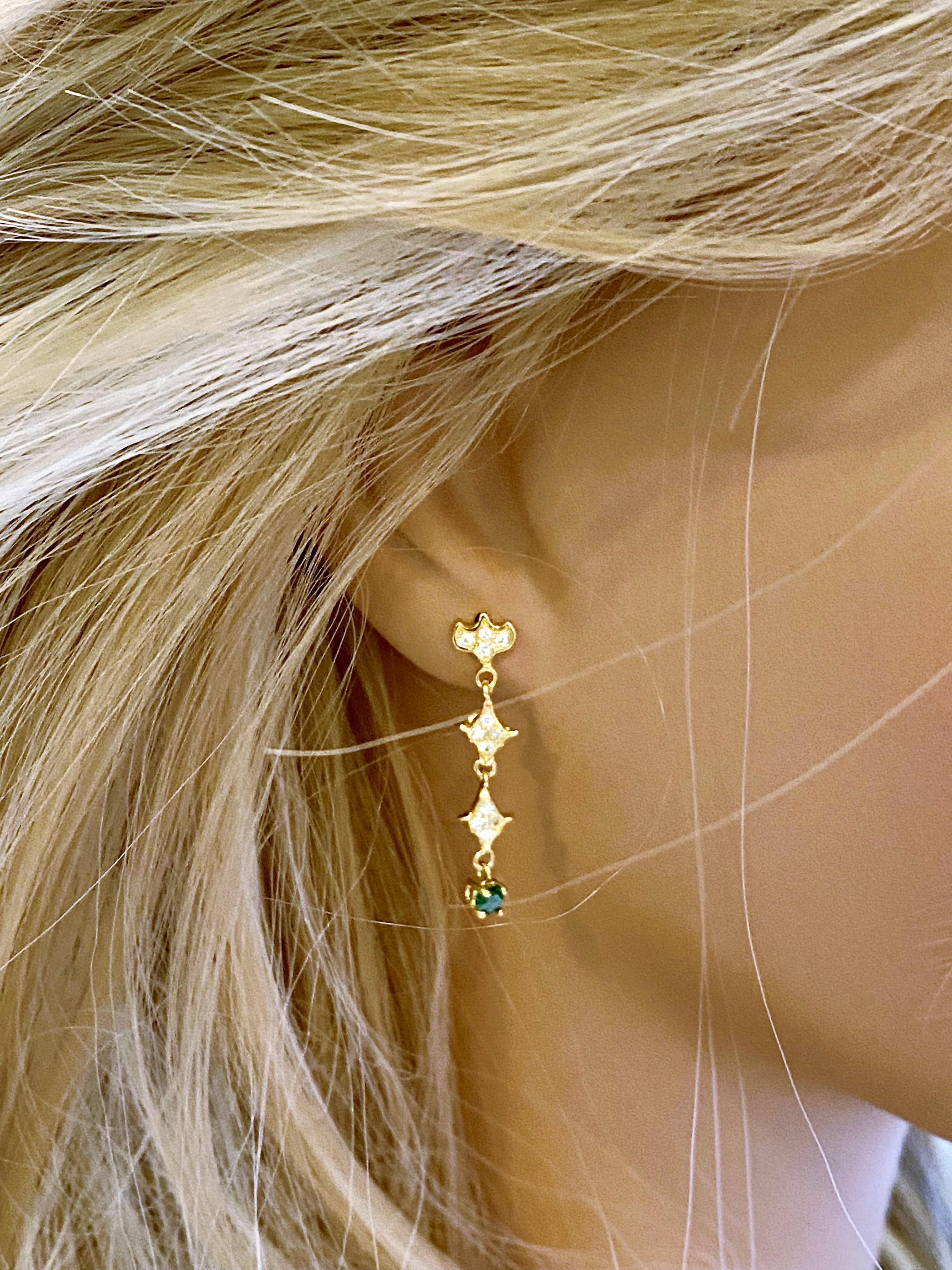 Contemporary Round Emerald and Diamond Yellow Gold Nirvana Drop Earrings