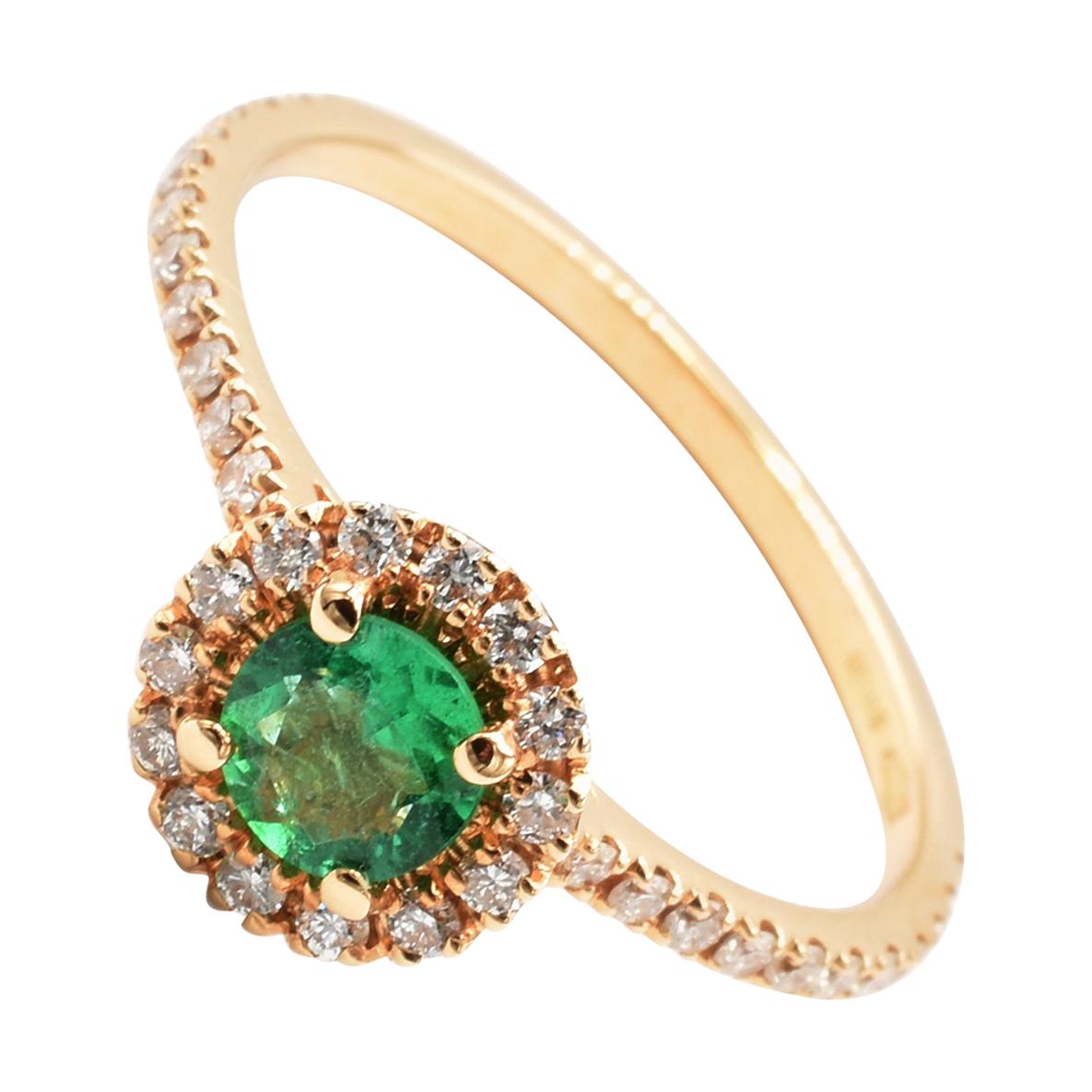 Round Emerald and Diamonds Rose Gold Ring Made in Italy