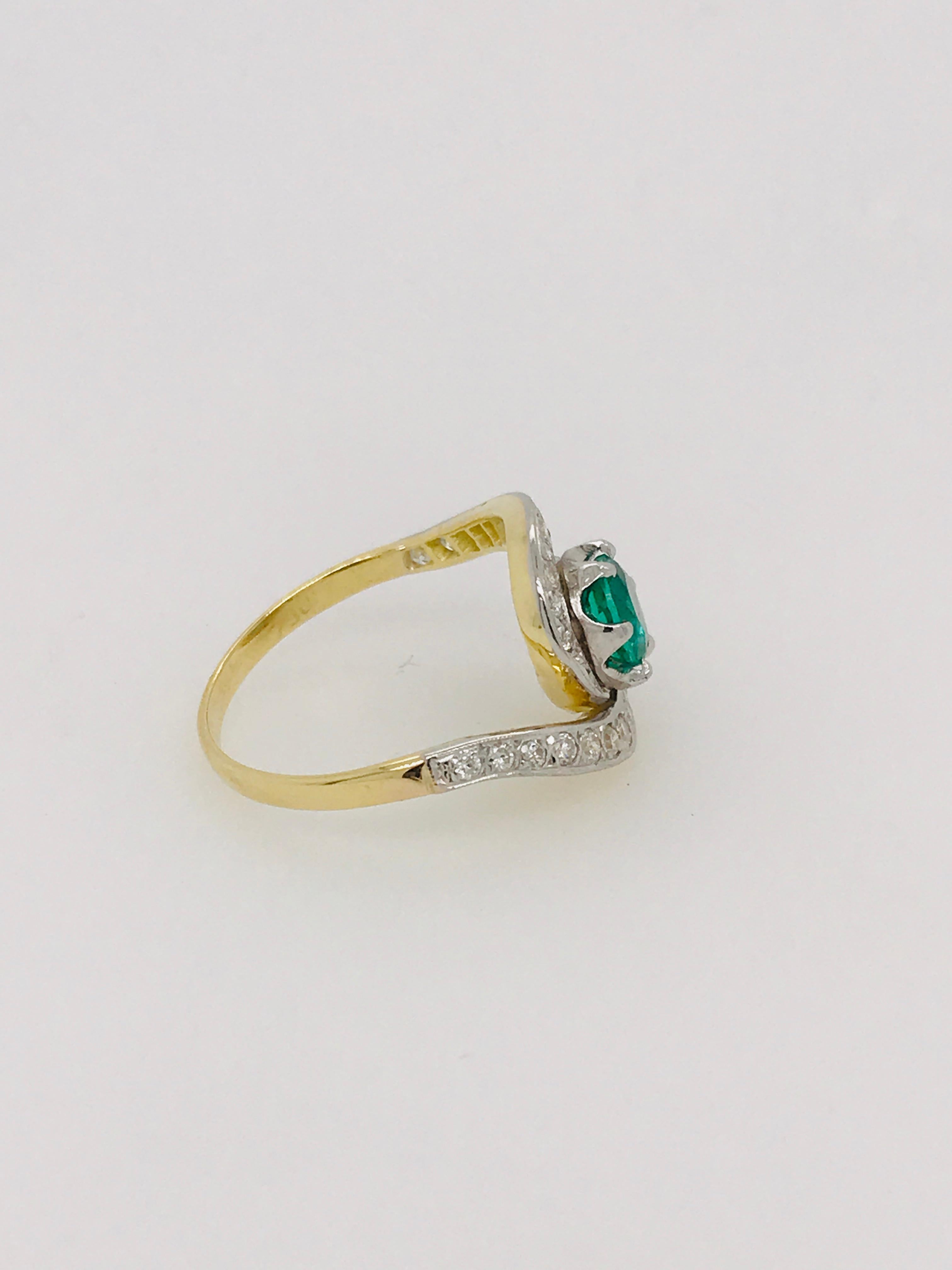 Round Cut Round Emerald and Grain Set Diamond Ring Set in 18ct White Gold and Yellow Gold