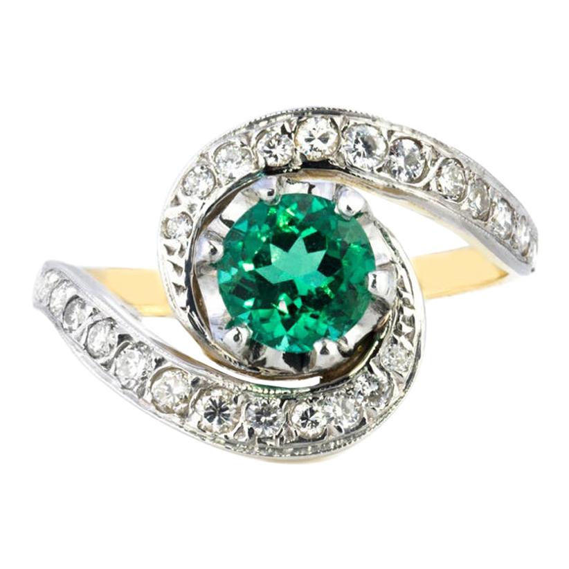 Round Emerald and Grain Set Diamond Ring Set in 18ct White Gold and Yellow Gold