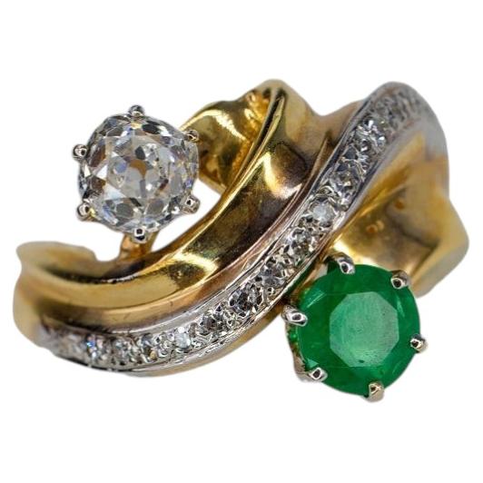 Round Emerald and Old Mine Cut Diamond Bypass Ring For Sale
