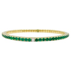 Round Emerald and White Diamond Flexible Bangle Bracelet in 14K Yellow Gold