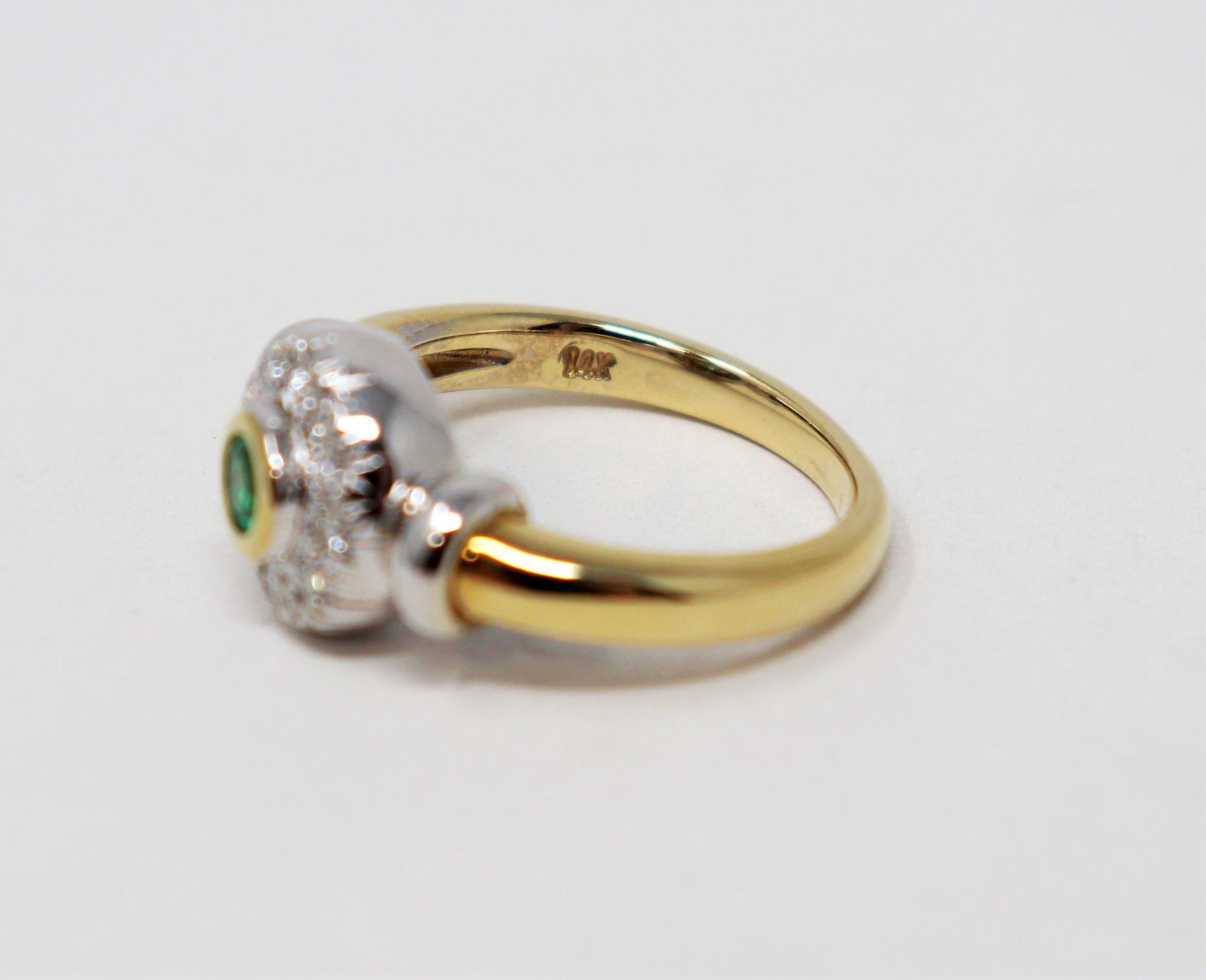 Round Emerald Bezel Set and Pave Diamond Halo Ring in Two Tone 14 Karat Gold For Sale 2