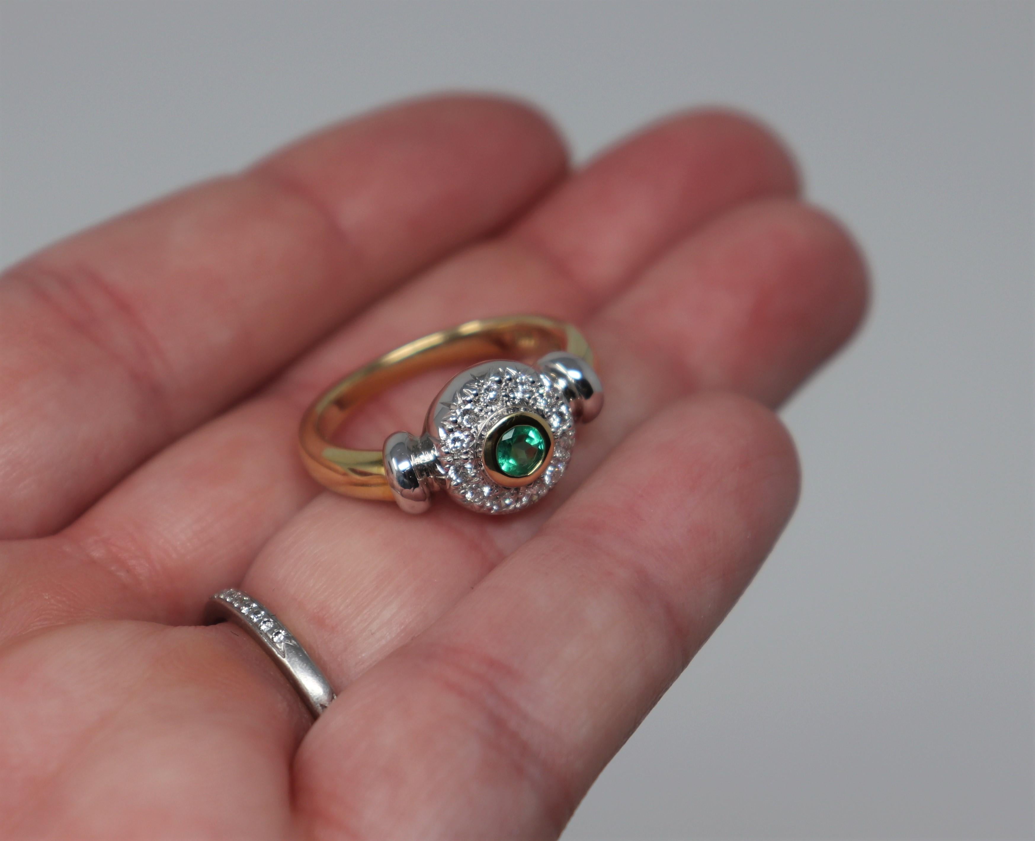 Round Emerald Bezel Set and Pave Diamond Halo Ring in Two Tone 14 Karat Gold For Sale 4