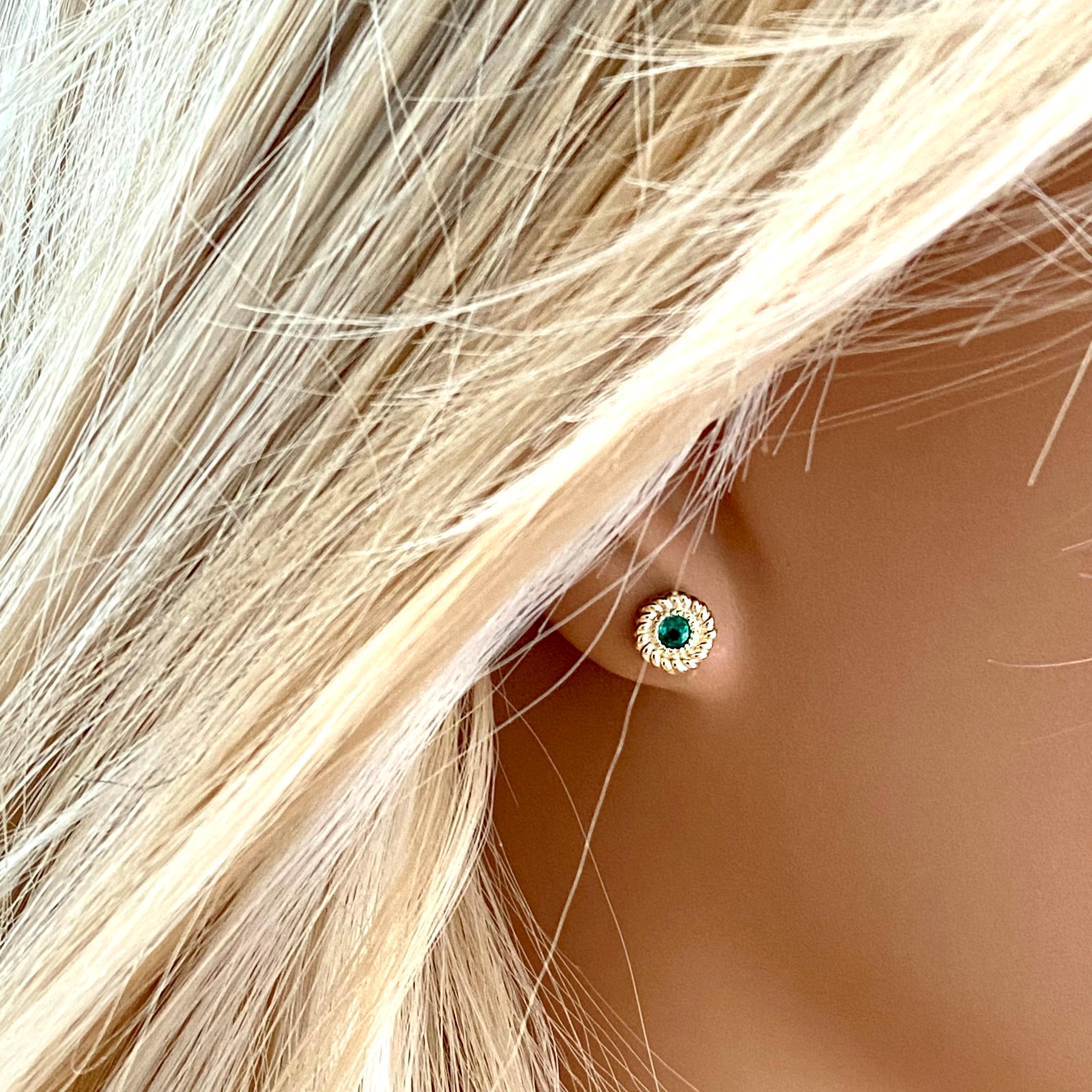 Round Emerald Braided Bezel Set Stud Earrings 4