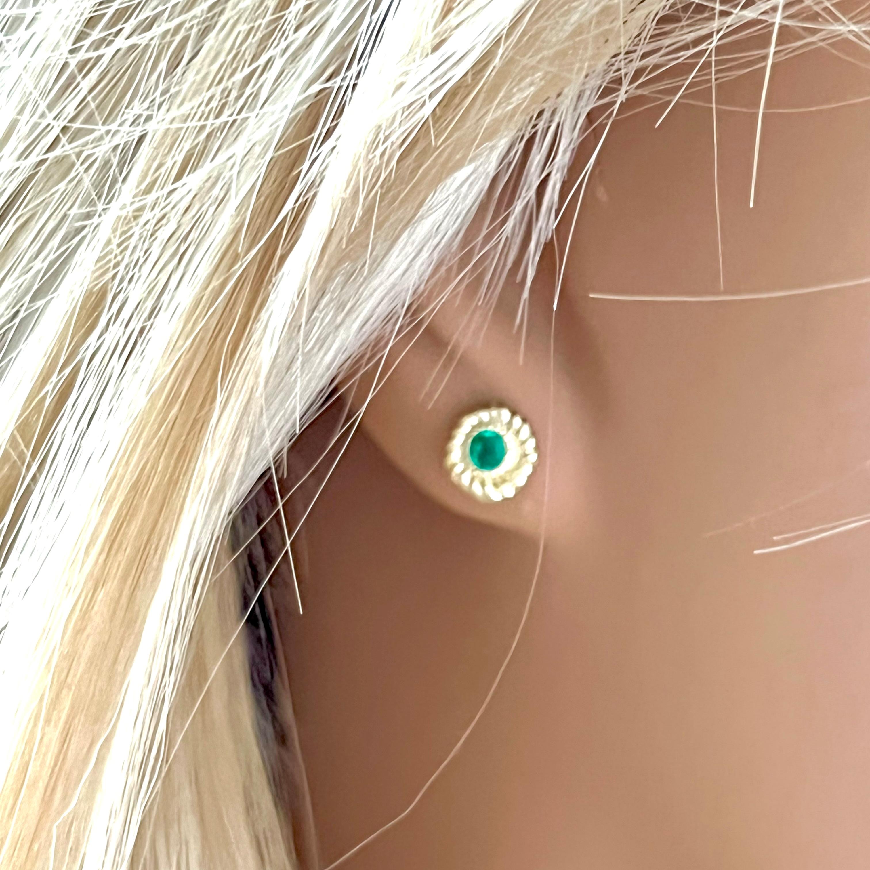 Contemporary Round Emerald Braided Bezel Set Stud Earrings