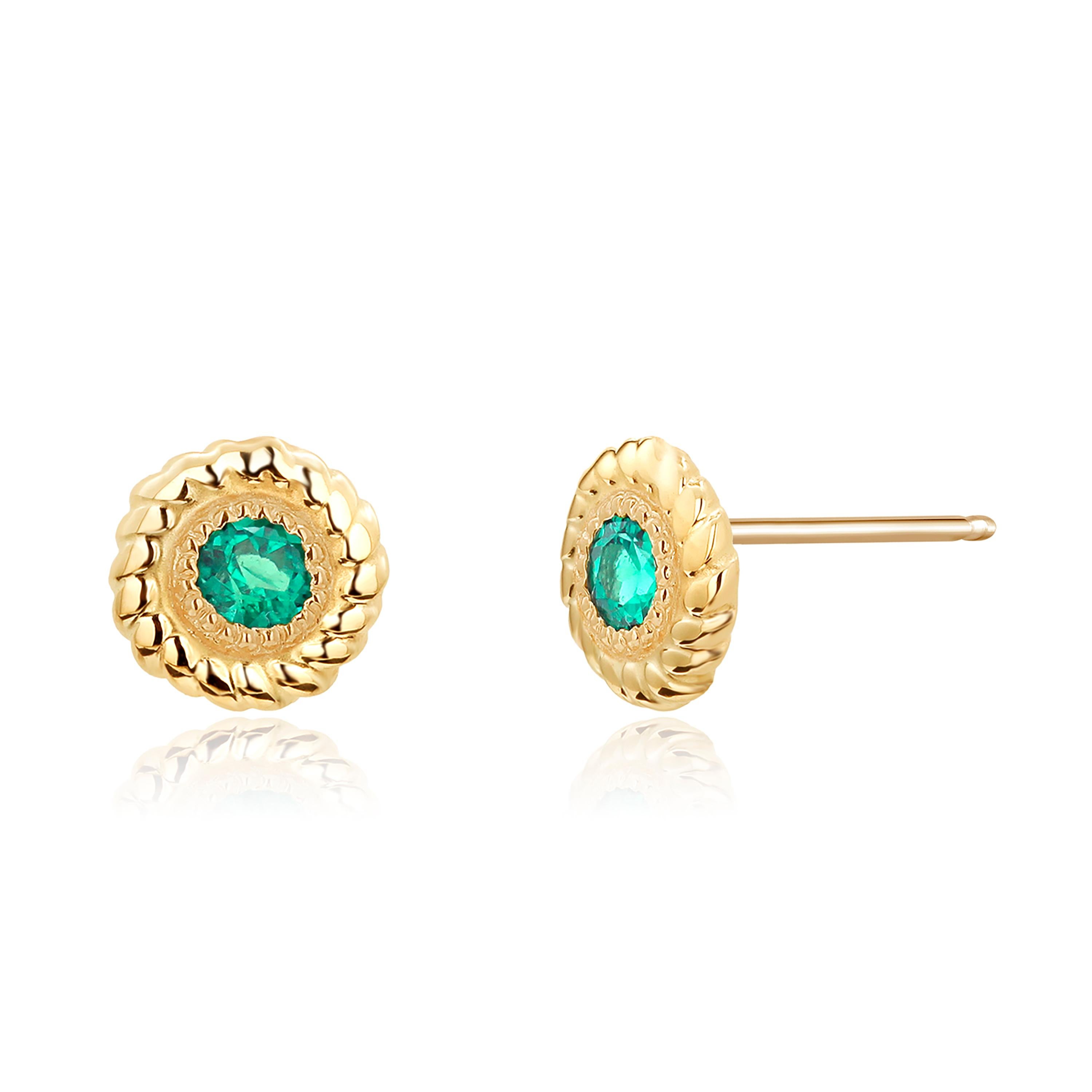 Round Cut Round Emerald Braided Bezel Set Stud Earrings