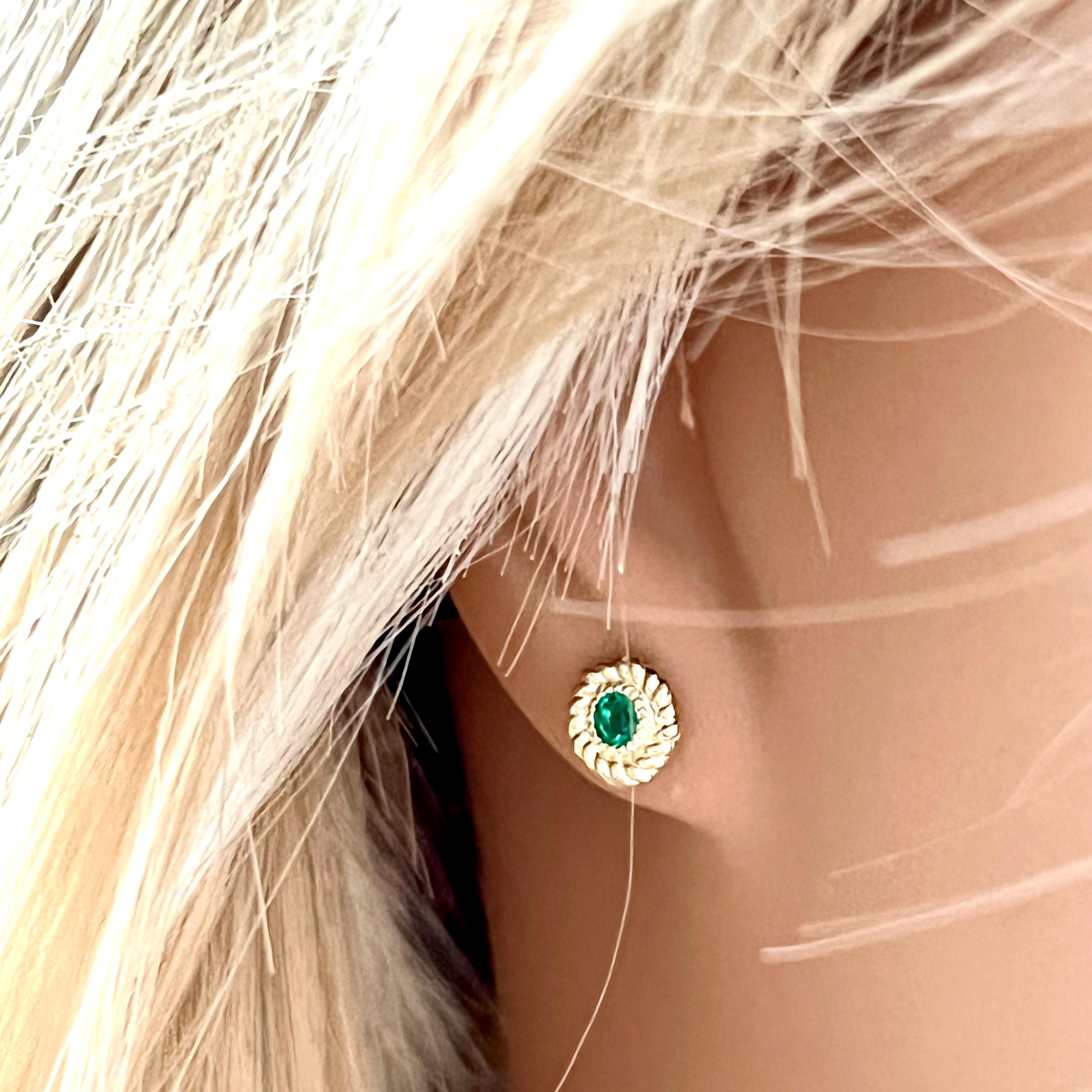 Women's or Men's Round Emerald Braided Bezel Set Stud Earrings