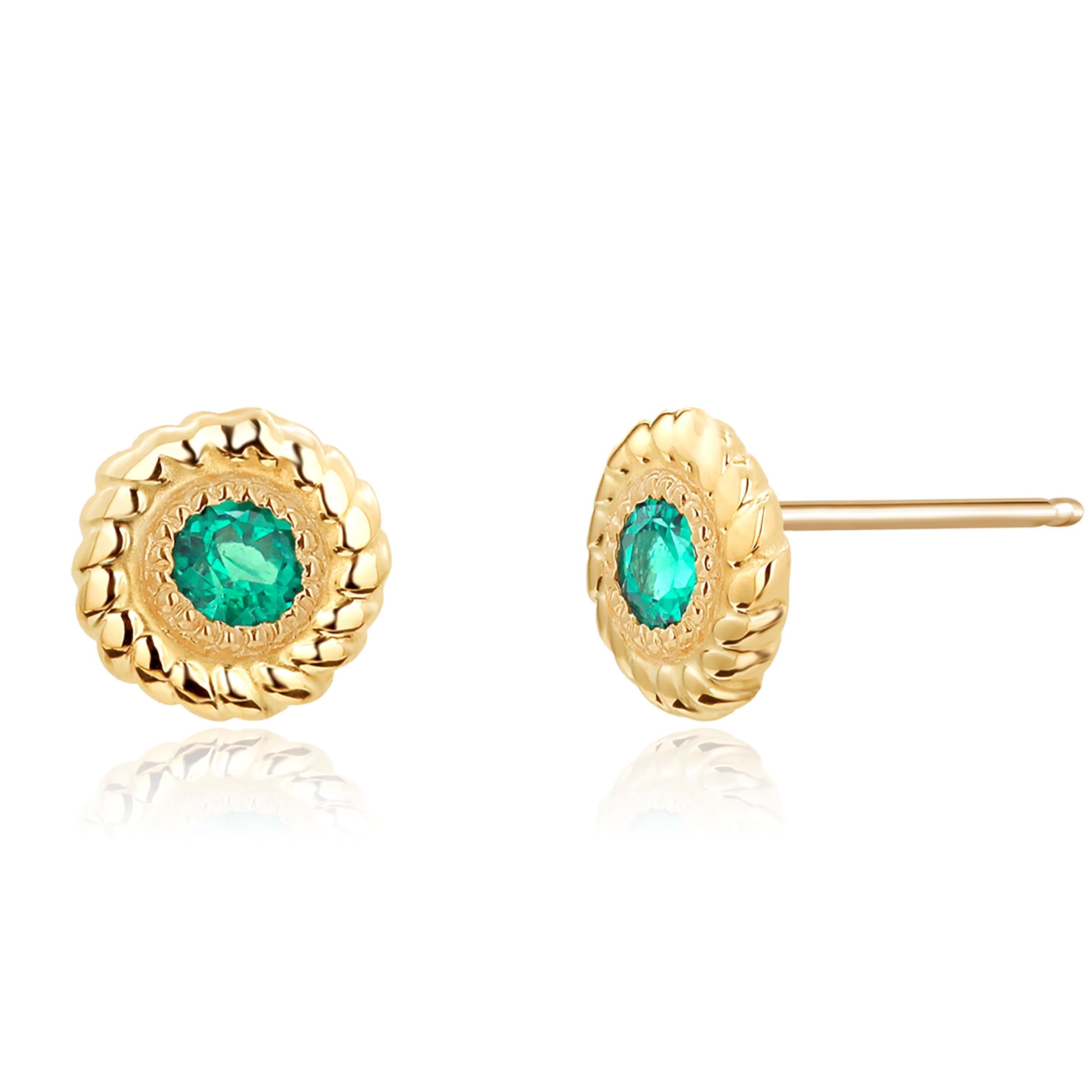 Round Emerald Braided Bezel Set Stud Earrings 1