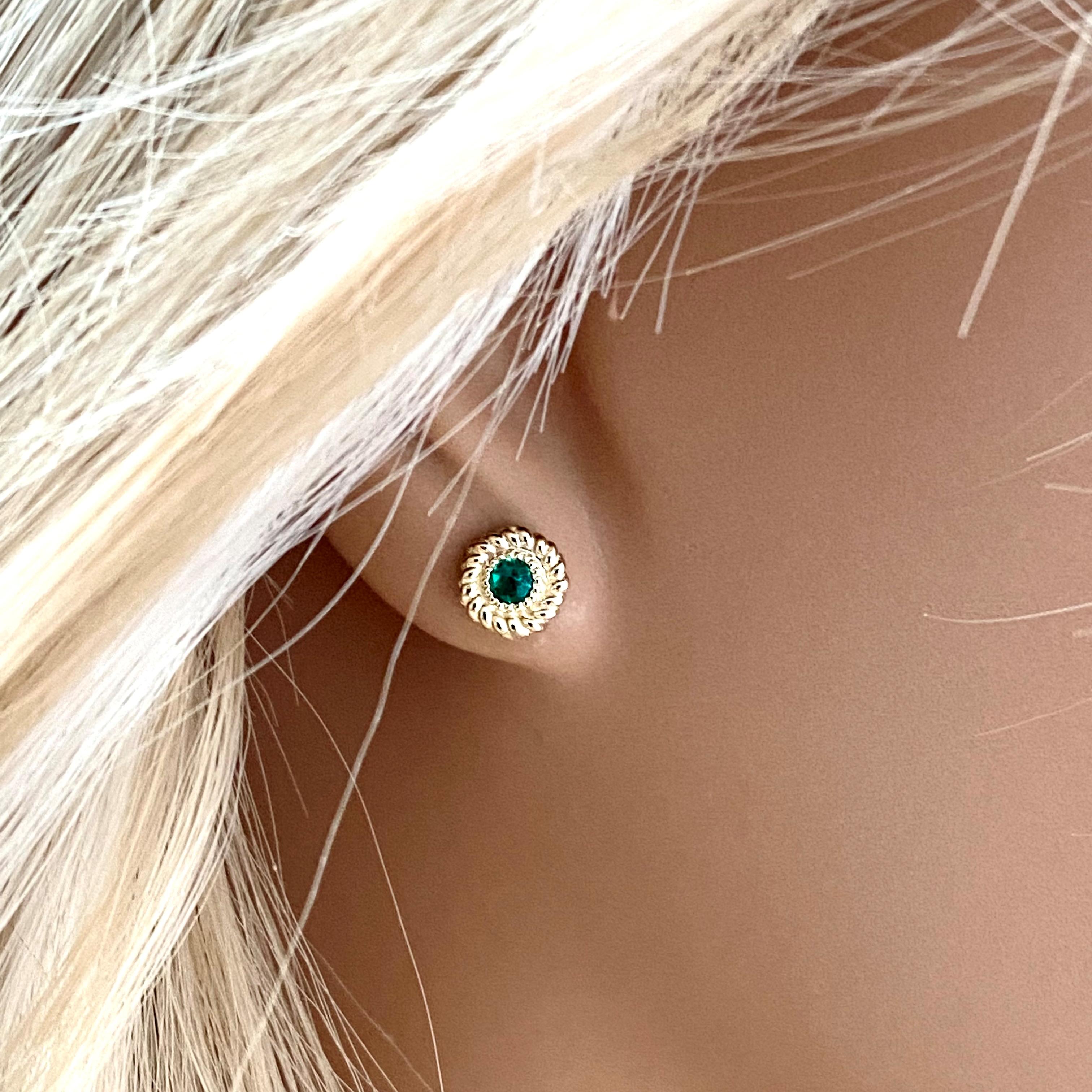 Round Emerald Braided Bezel Set Stud Earrings 2