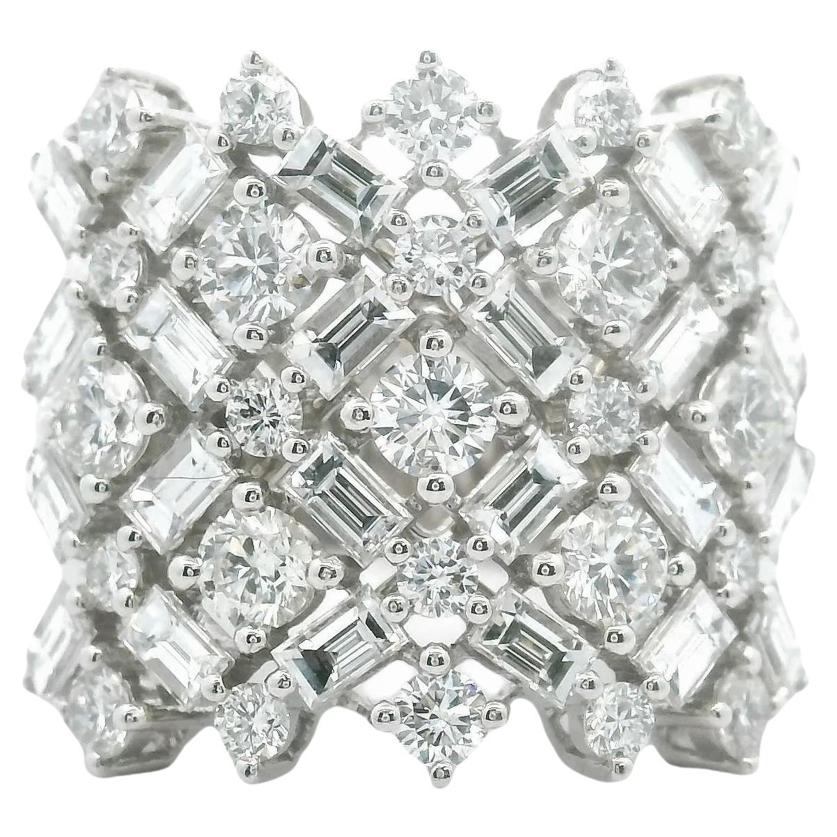 Round & Emerald Cut 3.35 Carat Diamond Cigar Band Wide Ring 18k White Gold